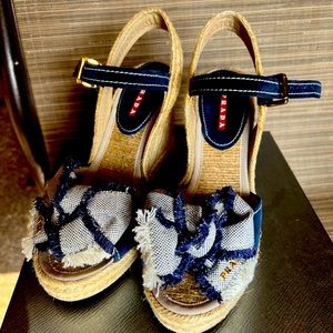 Prada suede jean espadrille wedge sandals size 37